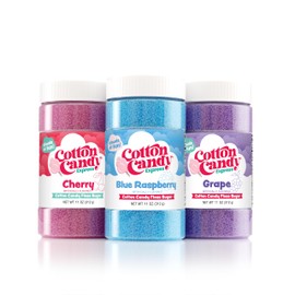 Cotton Candy Express Floss Sugar Variety Pack with 3 - 11oz Plastic Jars of Cherry, Blue Raspberry & Grape Flossing Sugars. Use With Cotton Candy Express Countertop Machine