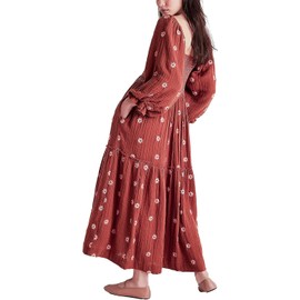 Willow Dance Women Casual Bohemian Floral Dress Square Neck Ruffle Swing A Line Dress Long Sleeve Beach Maxi Dress (Brown, Large)
