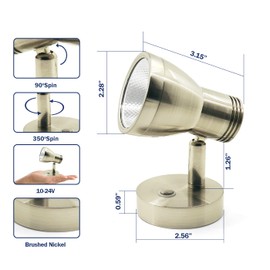 THALASSA RV Reading Light 12V Interior LED Spotlight Boats Yacht Camper Motorhome, 3W Warm Light, Brushed Nickel, with Blue Small Reminder Light, Adjustable Dimmer Touch Switch DC 10-30V