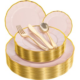 EI 150pcs Pink Plastic Plates with Gold Plastic Silverware,Pink Party Plates,Heavy Duty Plate Disposable,Gold Dinnerware Set for Birthday, Afternoon Tea,Wedding