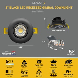 NUWATT Black 3 Inch LED Gimbal Recessed Lights, 5CCT 2700K/3000K/3500K/4000K/5000K Selectable 8W, 600 Lumens, IC Rated, Wet Rated, 120V, Dimmable, Canless Eyeball Adjustable Recessed Lighting, 4 Pack