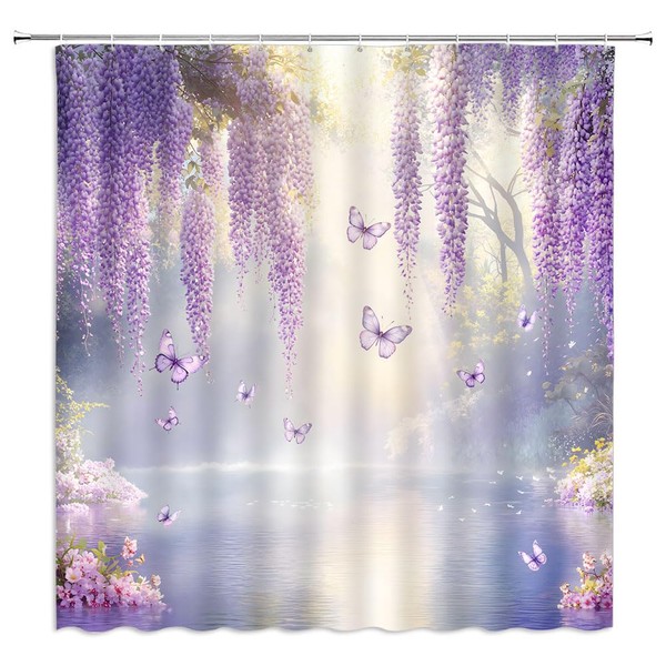 Purple Flower Shower Curtain Lavender Butterfly Weeping Wisteria Blossom Vine