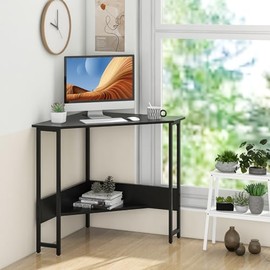 IFANNY Black Corner Desk, Computer Table with Power Outlet, Storage Shelves & Metal Frame, Wood Writing Table for Bedroom, Small Corner Desks for Small Spaces