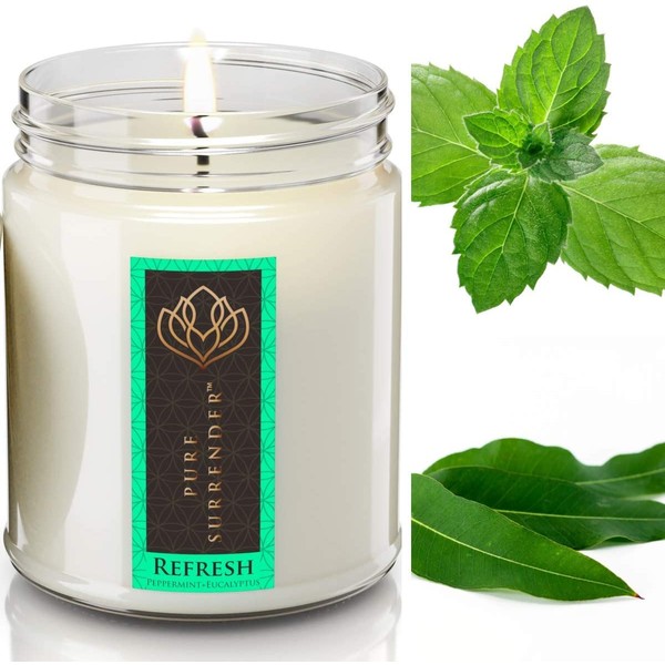 Refreshing Peppermint Eucalyptus Aromatherapy Scented Candles for Home | 100% Pure Essential Oils | Non Toxic Long Lasting Soy Candles | 9 oz Jar | Hand Made in The USA