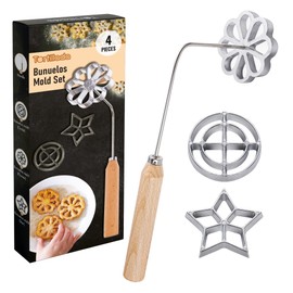 Tortillada - 4-Piece Bunuelos Set with Wooden Handle Rosette Iron Waffle Moulds Set of 3 Shapes (Star, Flower, Circle)