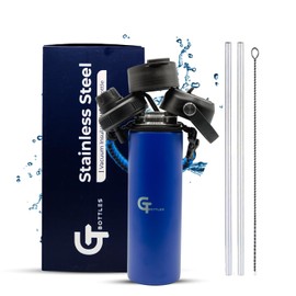 GT BOTTLES 22oz Stainless Steel Vacuum Insulated Wide Mouth Water Bottle with 3 Lids and Paracord Handle for Hot & Cold Beverage (Dark Blue, 22oz)