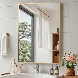 JENBELY Gold Bathroom Mirror, 30"x36" Rectangle Mirror, Brused Gold Mirror, Metal Frame Square Corner Vanity Mirror, Wall Mounted Mirror for Modern, Living Room, Bedroom, Horizontal Or Vertical