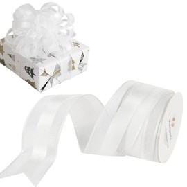 HUIHUANG White Wired Ribbon 1-1/2 inch Satin Stripe Sheer Wired Ribbon for Christmas Tree, Bows Making, Wreaths, Garland, Gift Wrapping, Wedding Decorations-Continous 10 Yards