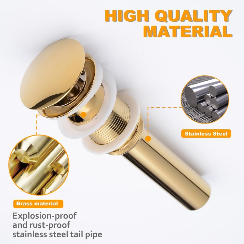 Beelee Pop Up Drain Stopper with Overflow, Gold Sink Drains
