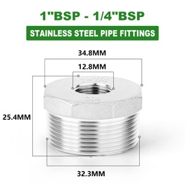 TAISHER 5 PCS 304 Stainless Steel Reducer Hex Bushing, 1" BSP Male x 1/4" BSP Female, Reducing Pipe Adapter Fitting, for Water Oill Air Gas