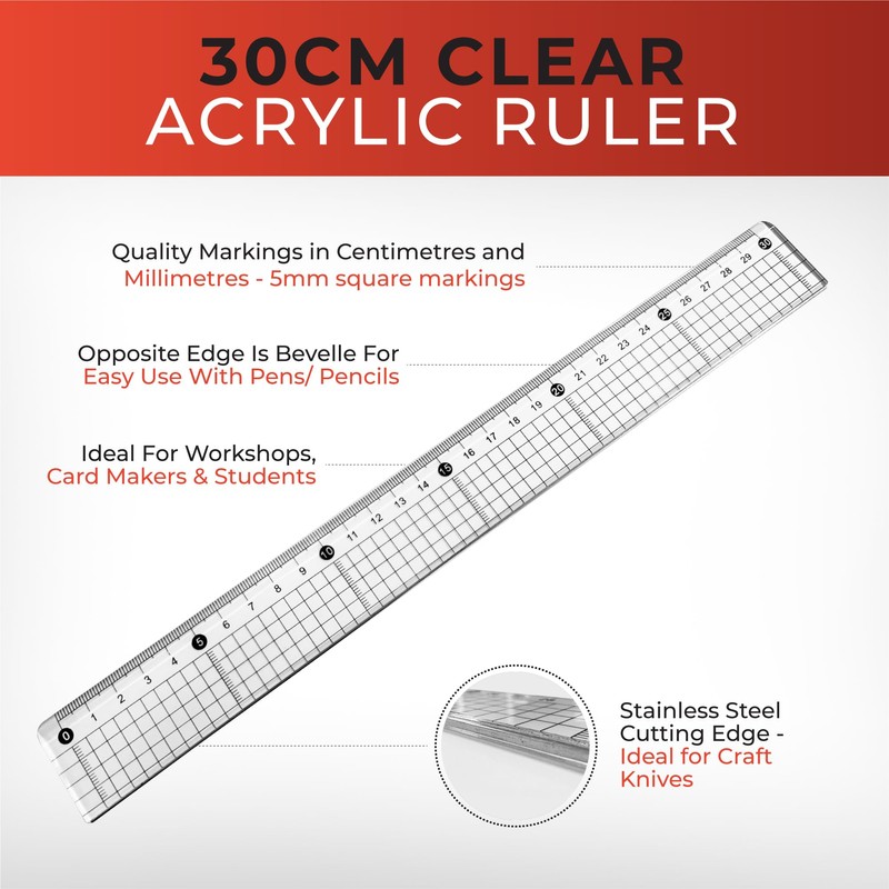 30cm Clear Acrylic Cutting Ruler with Steel Edge