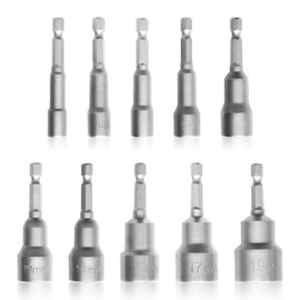 Thgtao Socket Adapter, Pack of 10 Nut Adapter Bit Set, Magnetism Hexagonal Socket Wrench Adapter, 6-19 mm Socket Adapter Tool, Hex Shank Magnetic Bit Holder for Cordless Screwdrivers