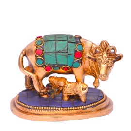 Purpledip Kamdhenu Cow and Calf in Pure Brass with gem Stonework, Small Size for Home Temple, Table top, Shop Cash Counter (10643)