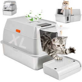 Stainless Steel Cat Litter Box with Lid, Extra Large Enclosed Metal Litter Box with Litter Scoop & High Sided Enclosure, Anti-Leakage, Non-Sticky, Easy Cleaning (Grey)