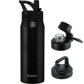OLDLEY 24 oz Insulated Water Bottle With Straw, Stainless Steel Sports Water Cup Flask with 3 Lids(Straw, Spout and Handle Lid) Double Walled Travel Thermal Canteen Mug,Black