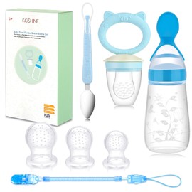 Baby Food Feeder Set Silicone Rattle Fruit Pacifier 125ml Squeeze Spoon Infant Teething Feeding Supplies (Blue+Spoon)
