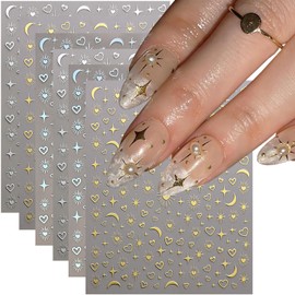 Star Heart Moon Nail Art Stickers Hearts Nail Decals 3D Self-Adhesive Silver Gold Laser Hearts Nail Sticker Valentines Sticker Design for Women and Girls Salon Manicure Decoration Kit 6Sheets