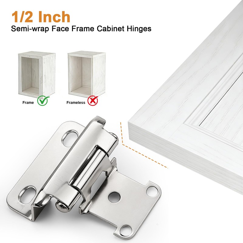 Probrico 50 Pack (25 Pairs) Brushed Nickel Cabinet Hinges, 1/2"