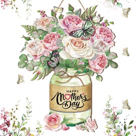 Spiareal Happy Mother's Day Wood Sign Mother's Day Welcome Door Sign Jar Carnation Flower for Front Door Window Decor Flower Wreath Hanging Plaque for Mother's Day