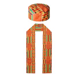 2 Pcs African Kente Pattern Kufi Hat Men Kente African Print Stole Sash for Black African History
