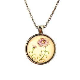 September Aster Birthday Month Flower Necklace Round Glass Pendant