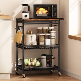 Pkuyres Microwave Kitchen Cart with Push Handle, 3 Tire Rolling Cart with 210Lbs Capacity, Vintage Kitchen Storage Cart with 2 Lockable Wheels for Kitchen, Restaurant, Living Room, Office, Balcony
