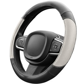 Upgrade4cars Steering Wheel Cover White Black Leather Look Steering Wheel Cover Universal 37-38 cm for Summer and Winter Car Accessories Interior Gift Ideas Gifts for Men and Women