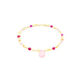 Genuine Amber Necklace From Baltic Sea Made With Polished Lemon Rose Quartz & Red Agate 33 cm (13 Inches), Baltic-Amber, not known