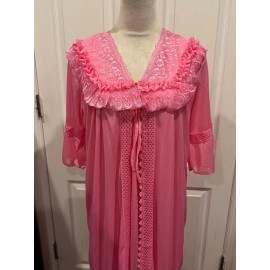 Silky Sleeveless Nightgown w/Robe Embroidery Lace Floral Design Hot Pink Size XL