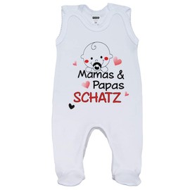 MEA BABY Unisex Baby Romper with Saying Mamas & Papas Schatz, 100% Cotton, White Baby Romper for Girls, Baby Romper for Boys, girls