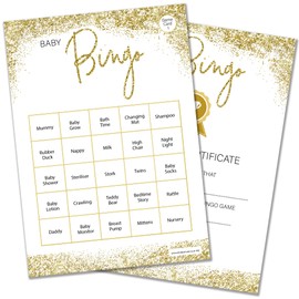 Olivia Samuel Bingo Baby Shower Game for up to 26 Players from Gold Sparkle Design with Winner Certificate – Unisex – Made in the UK
