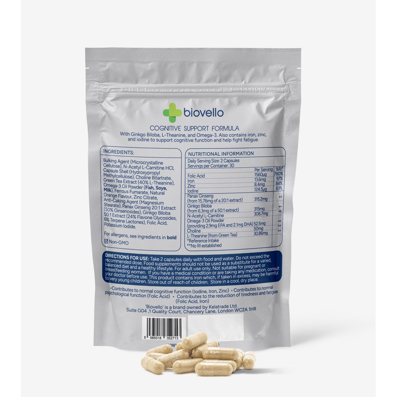 Biovello Cognitive Support Formula, 60 Capsules, with Iron, Zinc, Ginkgo