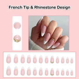 ANDGING French Tip Press on Nails Almond Short Medium Fake Nails with Rhinestone Design Stiletto Gel Glue on Nails for Women Girls Acrylic False Nails with Glue Stick on Nails for Wedding Birthday