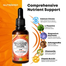 NutraPep Liquid Magnesium Glycinate Drops Supplement - 500mg Cortisol Complex with L-Theanine Ashwagandha Vitamin B6 Chamomile - Wellness Sleep Stress Mood Support for Adults Men Women