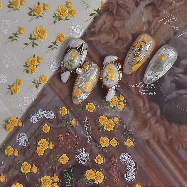 5D Embossed Nail Art Stickers Decals Yellow White Flower Nail