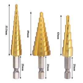Step Drill Bit Set with 1/4-inch Hex Shank Titanium HSS Coated Step Drill Bit Set, Convenient Woodworking Carpenter's Tool for Wood, Metal, Plastic, Multi-Hole (3-12 mm, 4-12 mm, 4-20 mm) 3-Piece Set