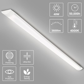 Jazoctig 4-Pack 4FT LED Batten, Close to Ceiling Light fixtures, 40W, Ultra-Thin Day Light, 4000K, IP20, LED Ceiling Light for Garage, Stores, Warehouse, Office, Corridor, supermarkets, etc.