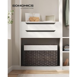 SONGMICS Storage Basket with Lid, Woven Blanket Storage Bin with Handles, Foldable, Removable Liner, Metal Frame, for Bedroom, Laundry Room, 27.7 Gallons (105 L), Brown URST066K01