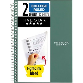 Five Star Spiral Notebook, 2 Subject, College Ruled, 9 1/2" x 6" 80 Sheets, Seaglass Green (840029CH1-ECM)