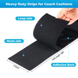 Faccito 4.3inch x 30 Feet Heavy Duty Strips for Couch Cushions Black Hook and Loop Tape with Adhesive, Keep Sofa Carpet from Sliding Picture Outdoor Non Slip Wall Furniture Grip for Home Office