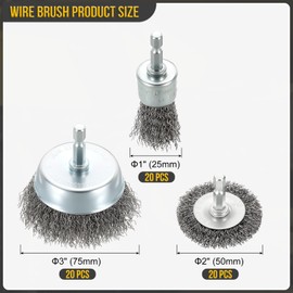 DTGN Wire Wheel Cup Pen Brush Set for Drill - 60 Pcs - Coarse Carbon Steel Crimping Drill Wire Brush(0.012" Wire Size) - 1/4 Inch Hex Shank - Good for Cleaning Rust Paint(1-3" Dia.)