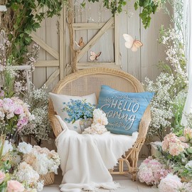 GEEORY Hello Spring Floral Mason Jar Throw Pillow Covers Set of 4, 20x20 inch Spring is Here Farmhouse Seasonal Decorative Sofa Couch Case for Home Decoration (Blue) G690-20