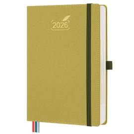 BEZEND Daily Planner 2026 (6" x 8.5") Full Page per Day Even Weekend (Jan-Dec) Monthly Calendar with Tabs, 2 Columns for Dual Schedule with Note, Vegan Leather Hardcover in Mustard