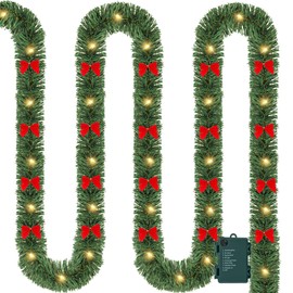 19.7 Ft Lighted Christmas Garland with Mini Bows, 60 LED Prelit Christmas Garland with Lights, Artificial Winter Green Garland Christmas Decorations for Indoor Outdoor Mantle Fireplace Holiday Decor