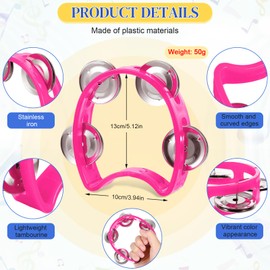 Lukmaa 12 Pcs Plastic Percussion Tambourine with 4 Bells Rhythm Musical Instruments for Adults Hand Tambourine Hand Held Percussion Drum for Party Kindergarten Family School Supplies (Pink)
