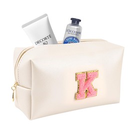 Preppy Large Makeup Bag-Customized Initial PU Leather Travel Cosmetic Bag,Ideal for Storing Makeup,Toiletries,and More,Gift for Women,Girlfriends,and Girls（Pearly White-Pink, K）