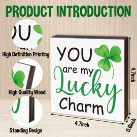 St. Patrick's Day Decorations, Lucky Charm Decor, Irish Gifts for Women, Rustic Green Shamrock Wood Block Sign for Home Party Shelf Table Tiered Tray Decor, 4.7" x 4.7"-A02