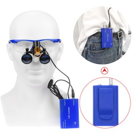 BONEW 3.5X Surgical Binocular Loupes Optical Glass + 5W LED Headlight Powerfullight with Clip-on Type + Cloth Bag DY-008 (Blue)