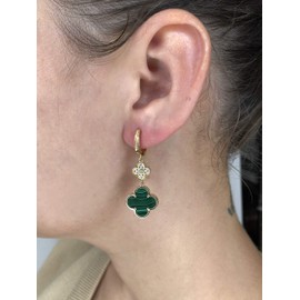 Lavari Jewelers Elegant Flower Drop Earrings for Women - Green Malachite & Cubic Zirconia in 925 Sterling Silver Clover Dangle Earrings - Hypoallergenic Yellow Gold Plated - Secure Hinge Post