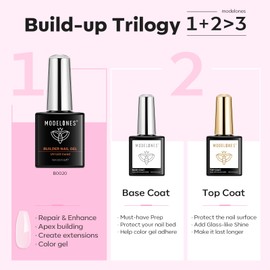 modelones 8 in One Builder Gel und Base Coat Top Coat Gel UV LED Nagellack Set 3 x 15ml, Rubber Base UV Nagellack für Modellage und Strengthener Extension Gelnägel Nail Art Maniküre Nageldesign Pink